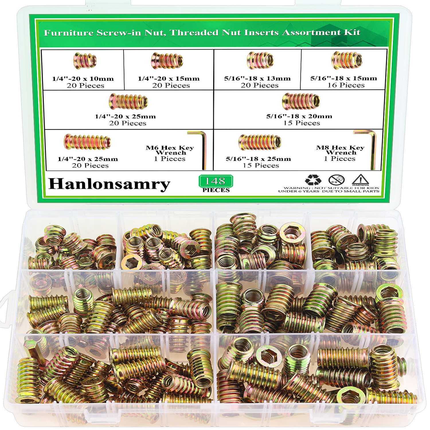 Hanlonsamry 148 Pieces 1/4"-20, 5/16"-18, 3/8"-16 Threaded Inserts, Wood Inserts, Steel Threaded Inserts for Wood Furniture Screw with Hex Wrench